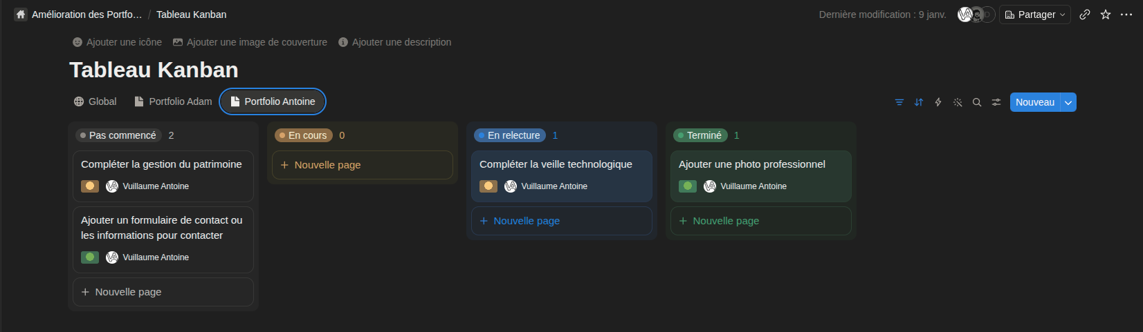 Kanban du portfolio